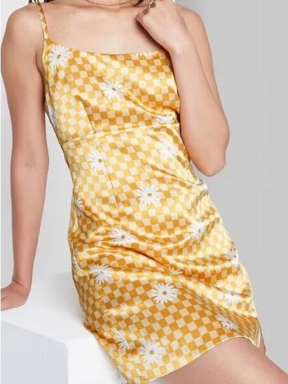 wild fable Yellow Checkered Slip Dress with White Daisy Accents